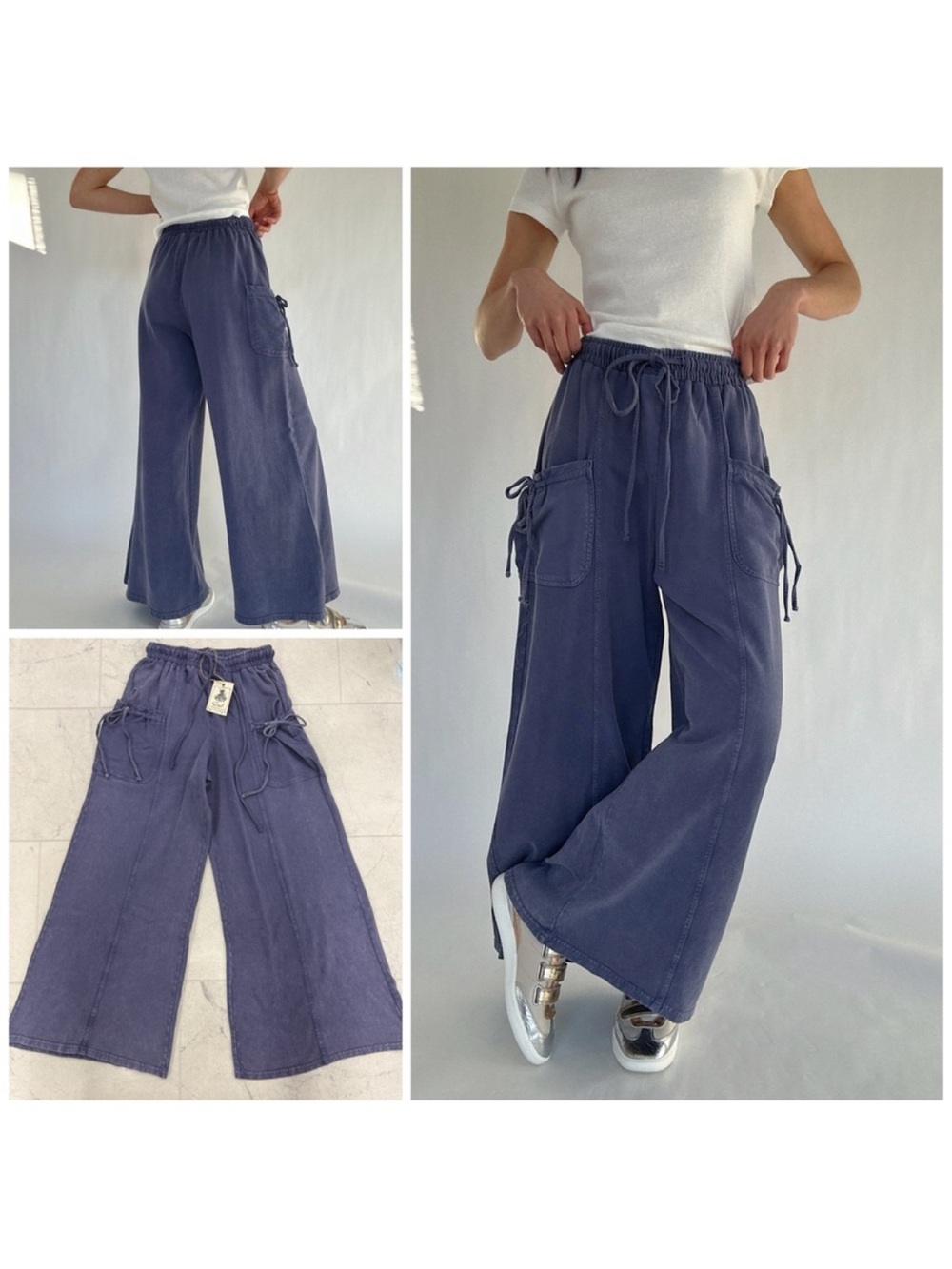 Wide Leg Cargo Drawstring Pants - Blue